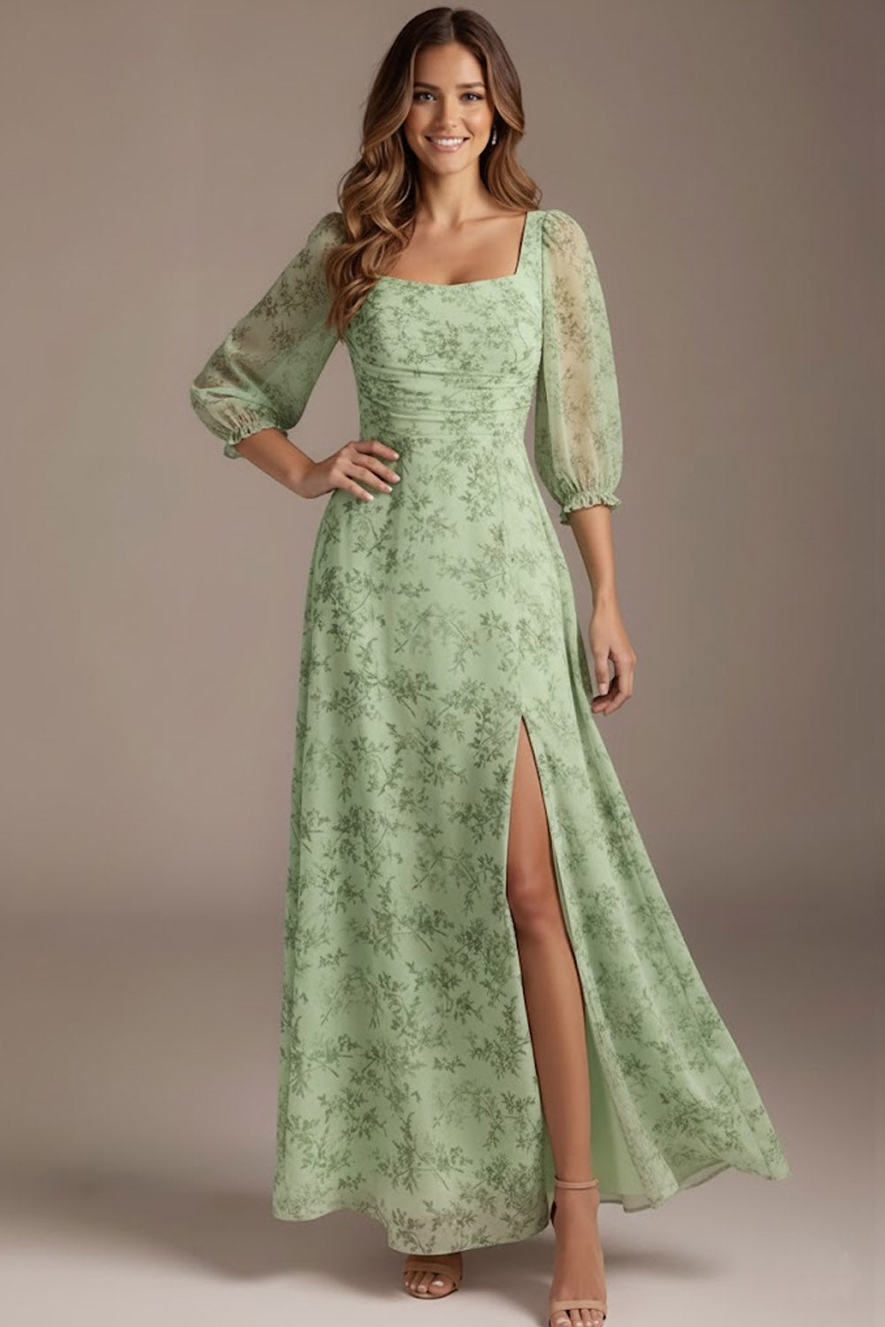 Floral Green Square Neck Long Bridesmaid Dress with Slit