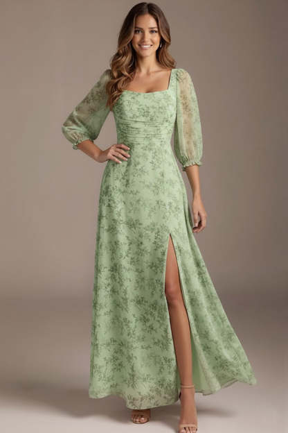 Leely Women Floral Green Long Bridesmaid Dress with Slit Square Neck A Line Wedding Guest Dress with Sleeves