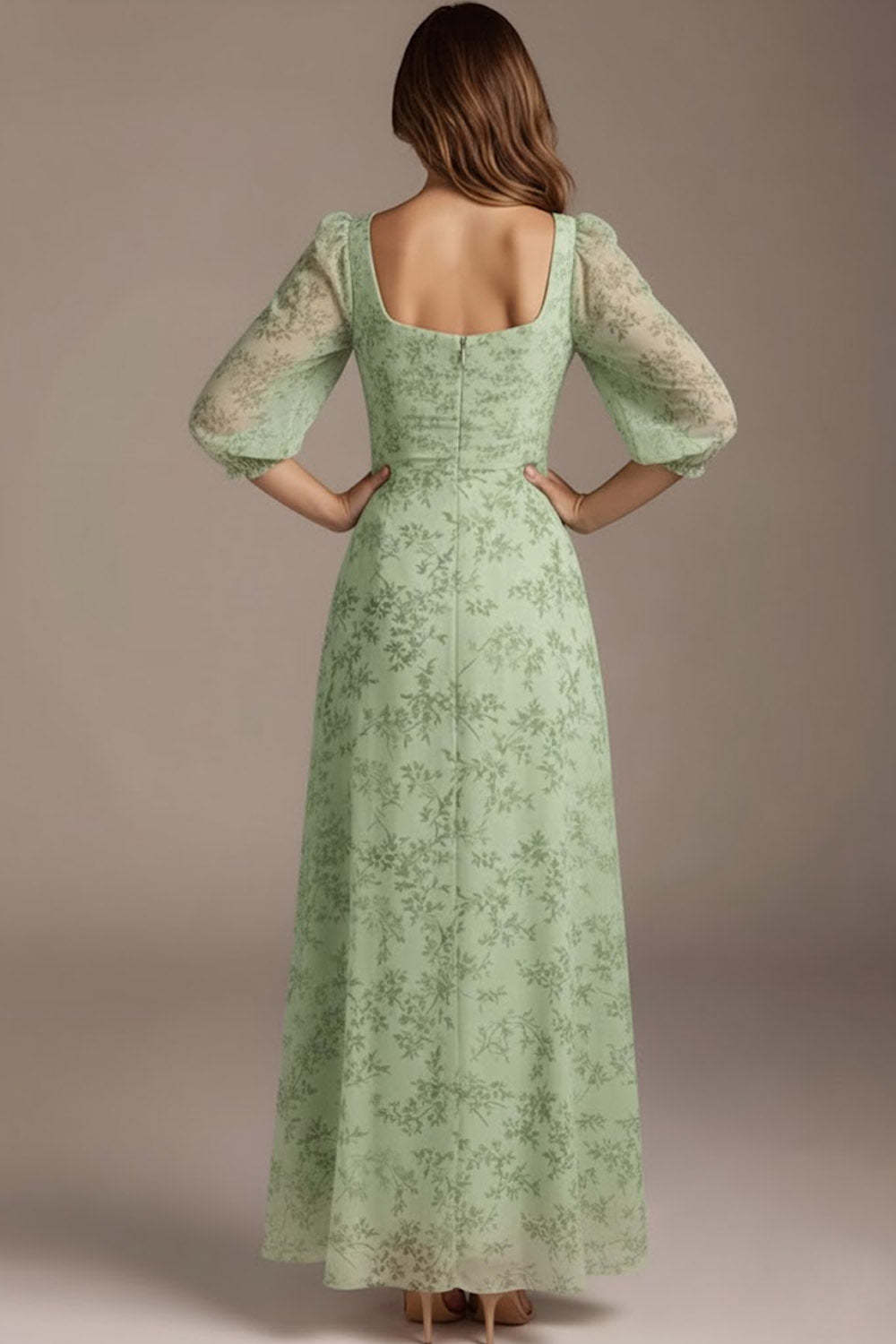Floral Green Square Neck Long Bridesmaid Dress with Slit