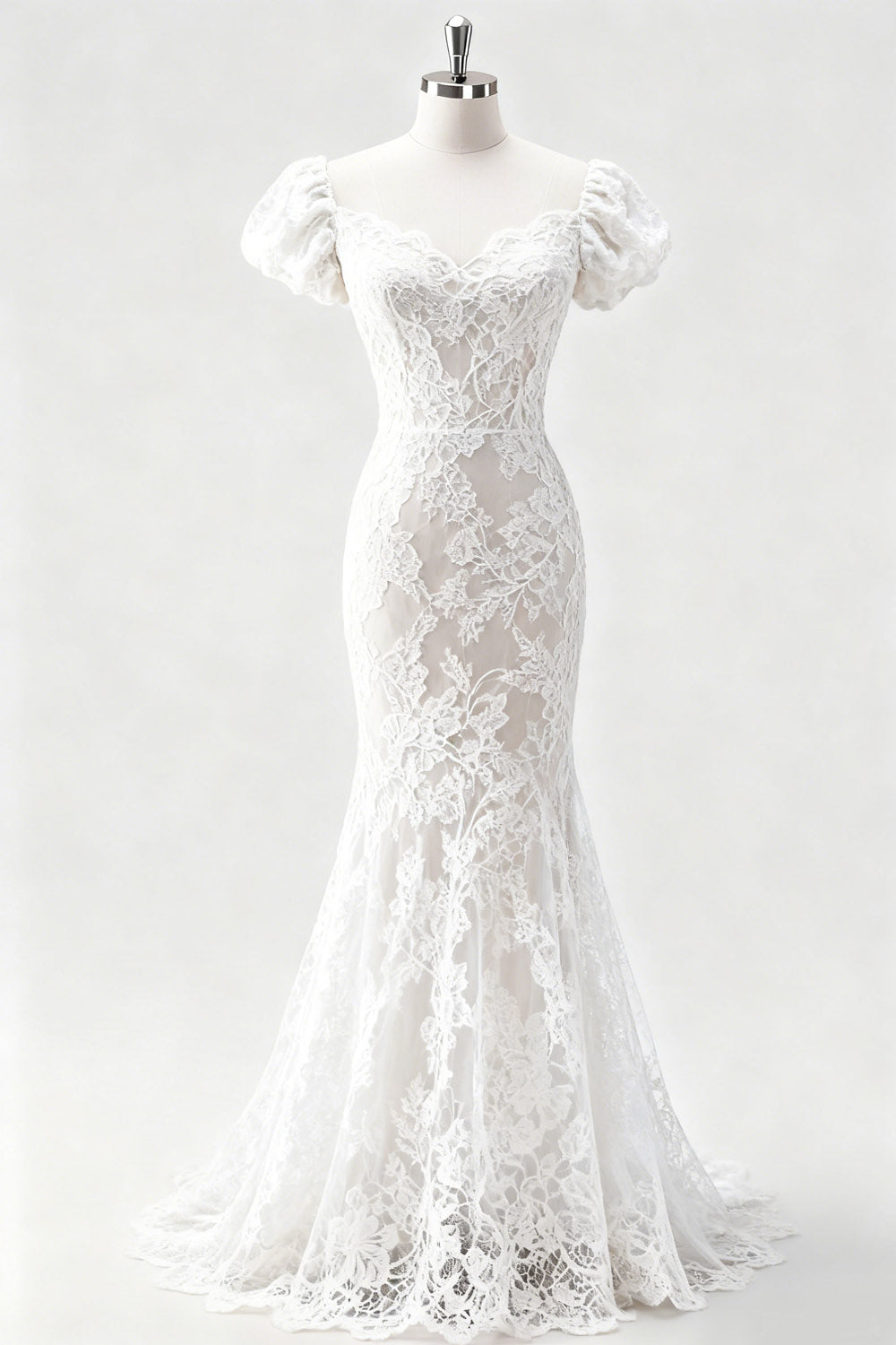 White Mermaid Long Lace Engagement Dress with Sleeves