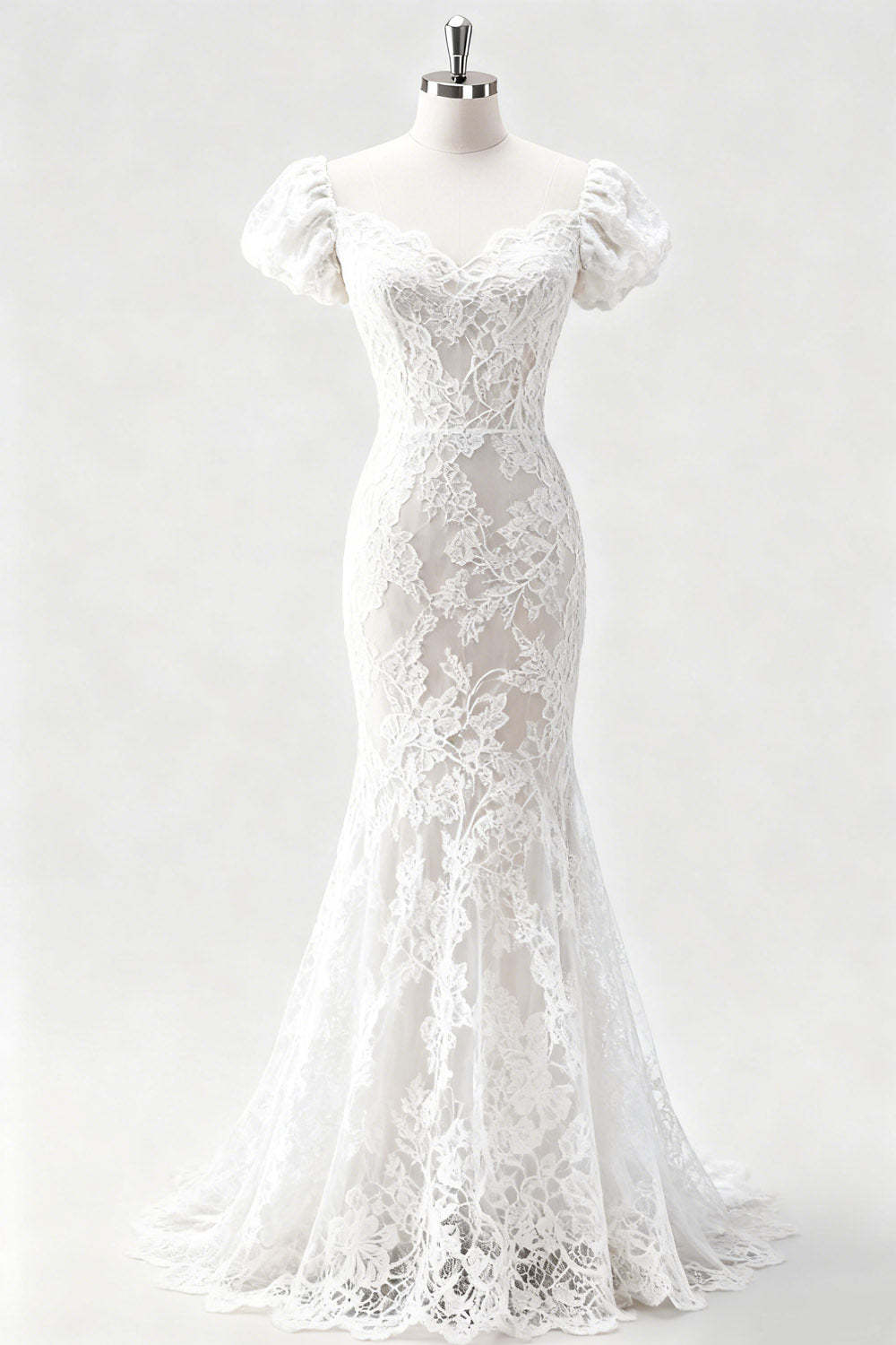 White Mermaid Long Lace Engagement Dress with Sleeves