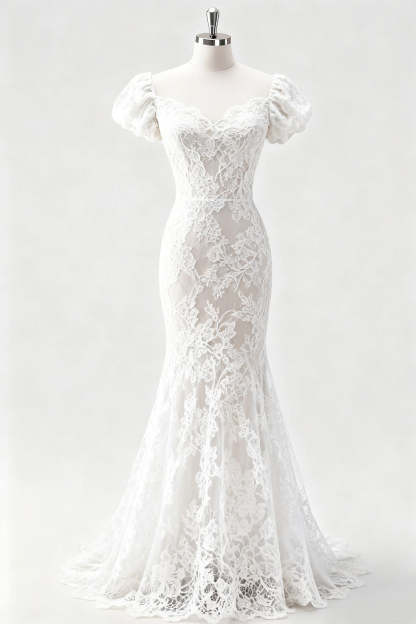 White Mermaid Long Lace Engagement Dress with Sleeves