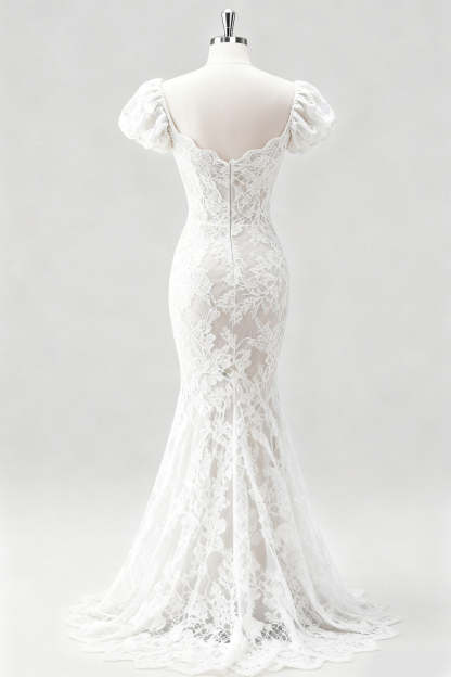 White Mermaid Long Lace Engagement Dress with Sleeves