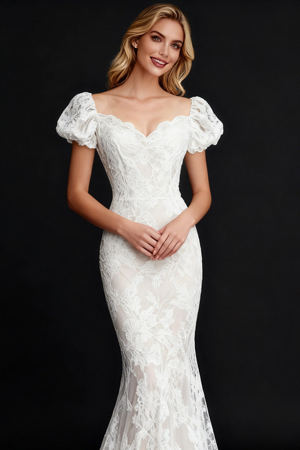 White Mermaid Long Lace Engagement Dress with Sleeves