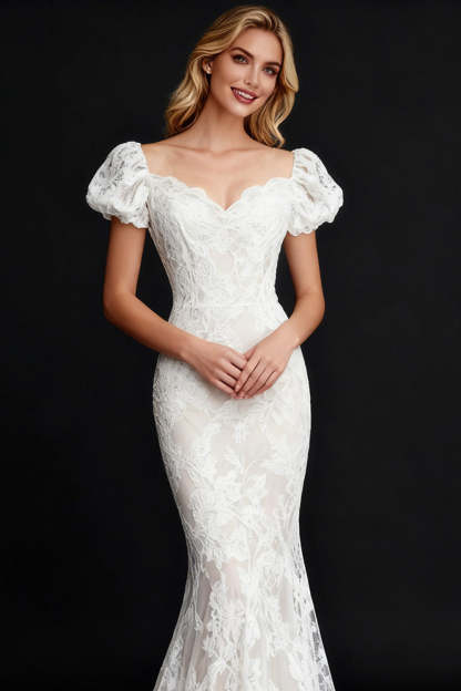White Mermaid Long Lace Engagement Dress with Sleeves