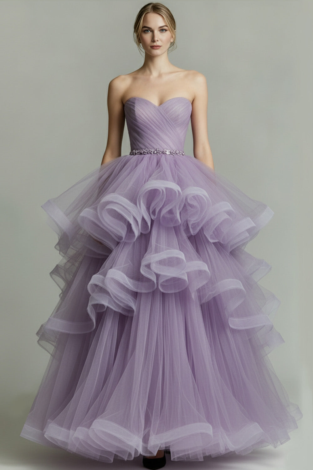 Leely Women Lilac A-Line Tulle Long Prom Dress Tiered Sweetheart Pageant Dress with Ruffles