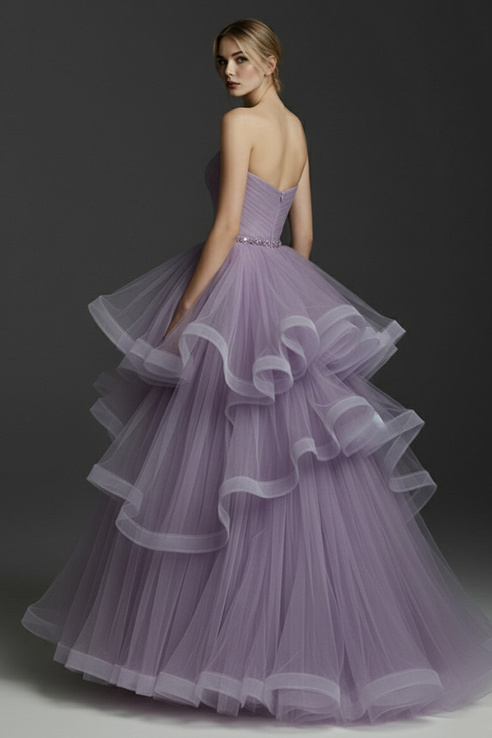 Lilac A-Line Tiered Tulle Long Prom Dress