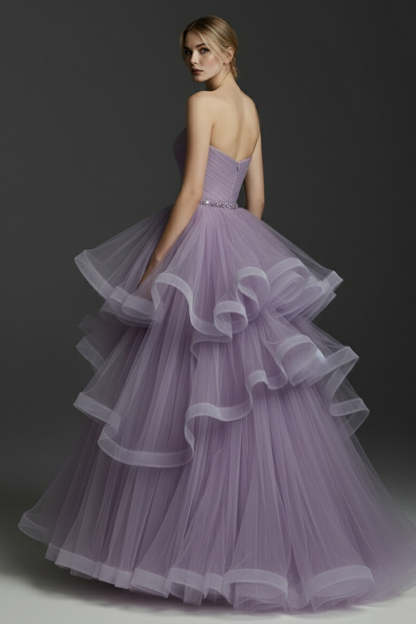Lilac A-Line Tiered Tulle Long Prom Dress