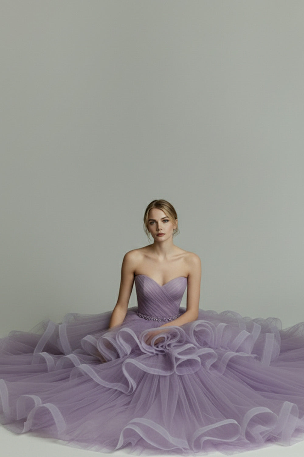 Lilac A-Line Tiered Tulle Long Prom Dress