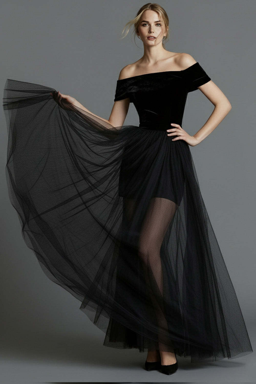 Leely Women Black Velvet Long Holiday Party Dress with Tulle A Line Off the Shoulder Formal Dress