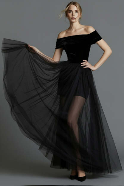 Leely Women Black Velvet Long Holiday Party Dress with Tulle A Line Off the Shoulder Formal Dress
