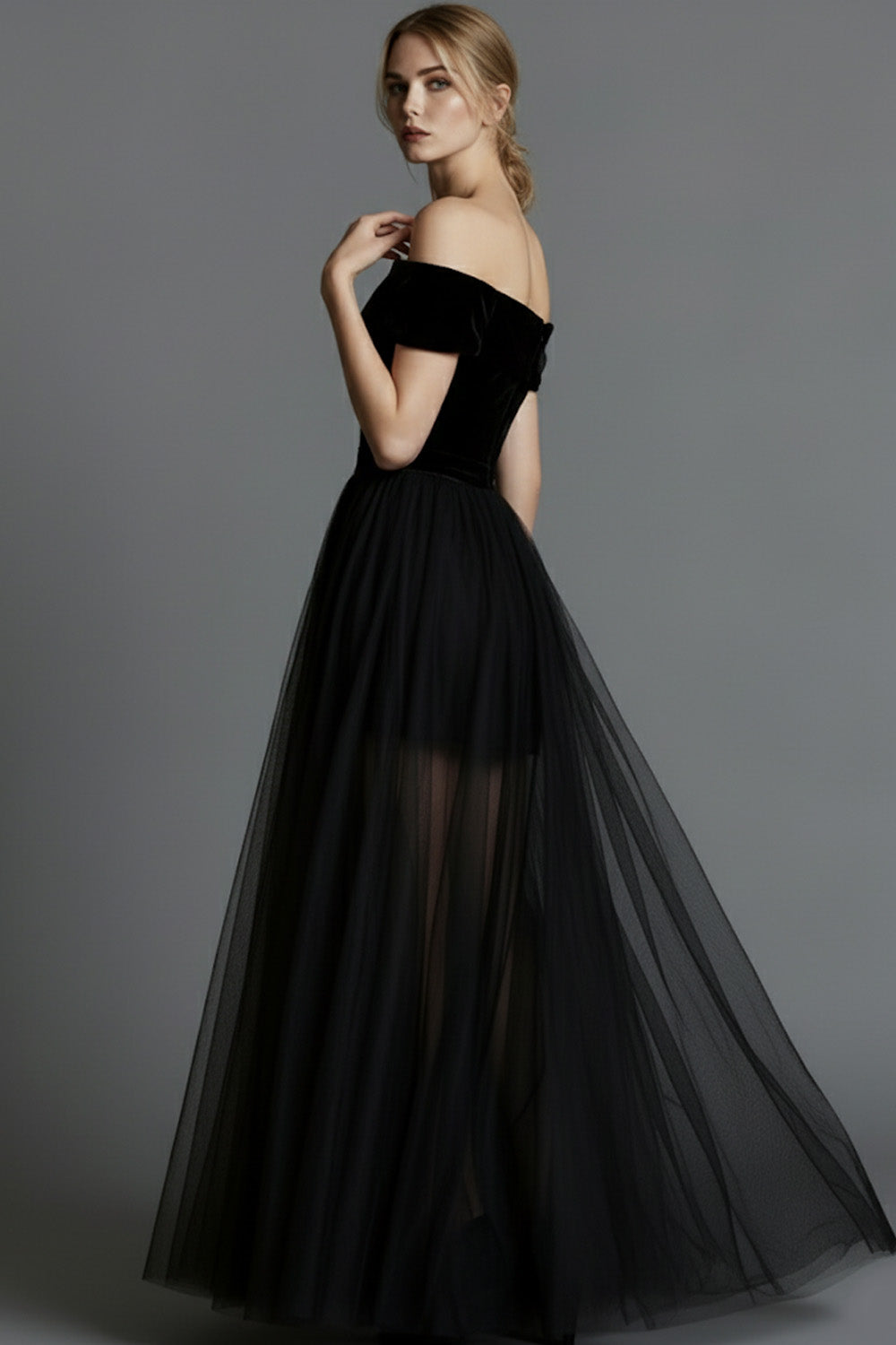 Black Velvet A Line Long Holiday Party Dress with Tulle