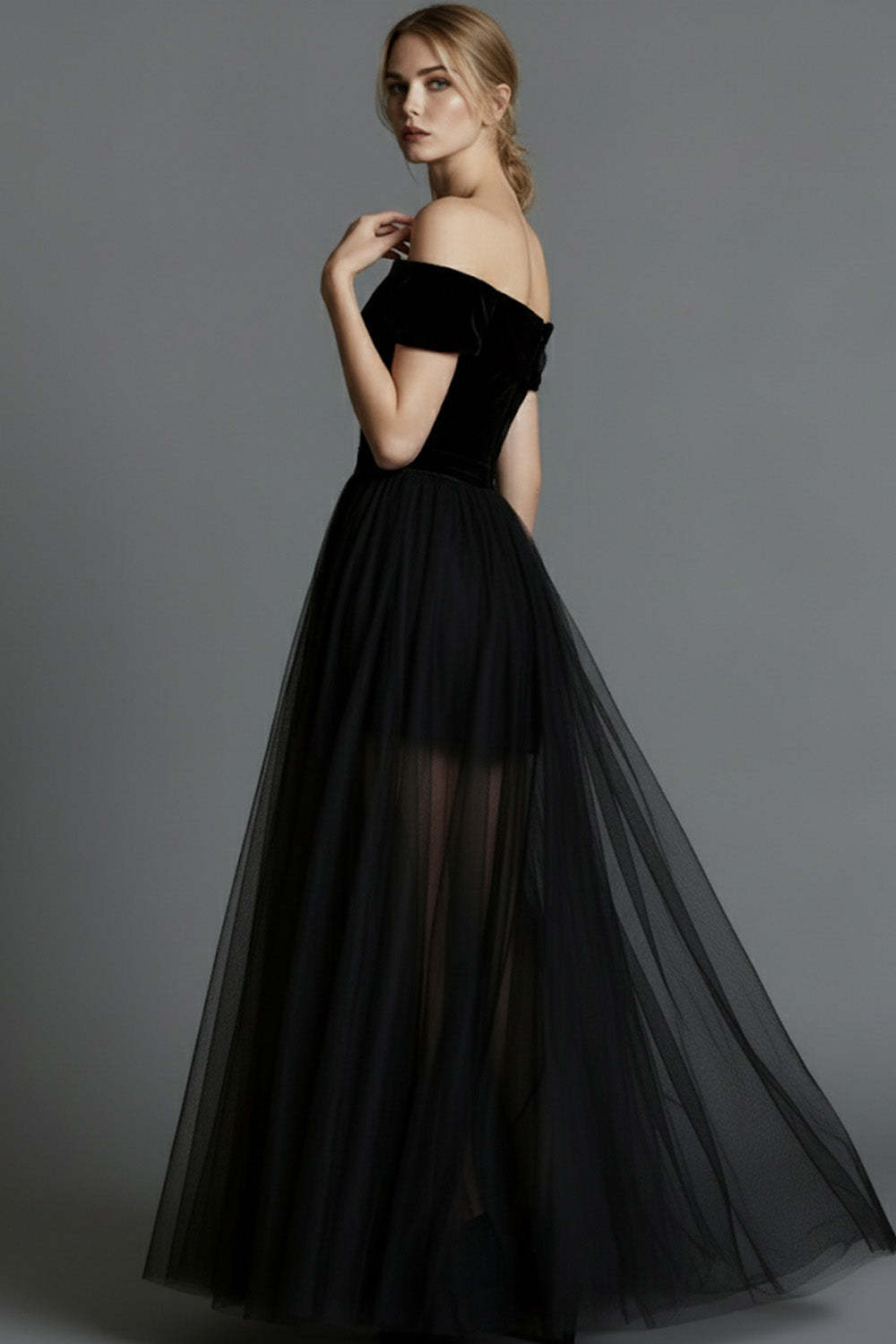 Black Velvet A Line Long Holiday Party Dress with Tulle