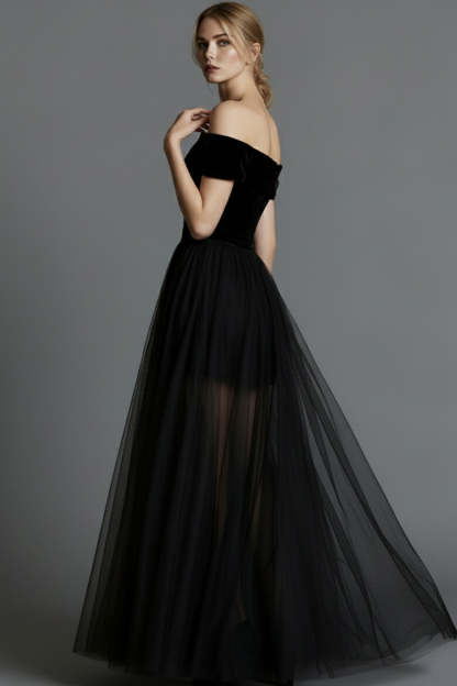 Black Velvet A Line Long Holiday Party Dress with Tulle