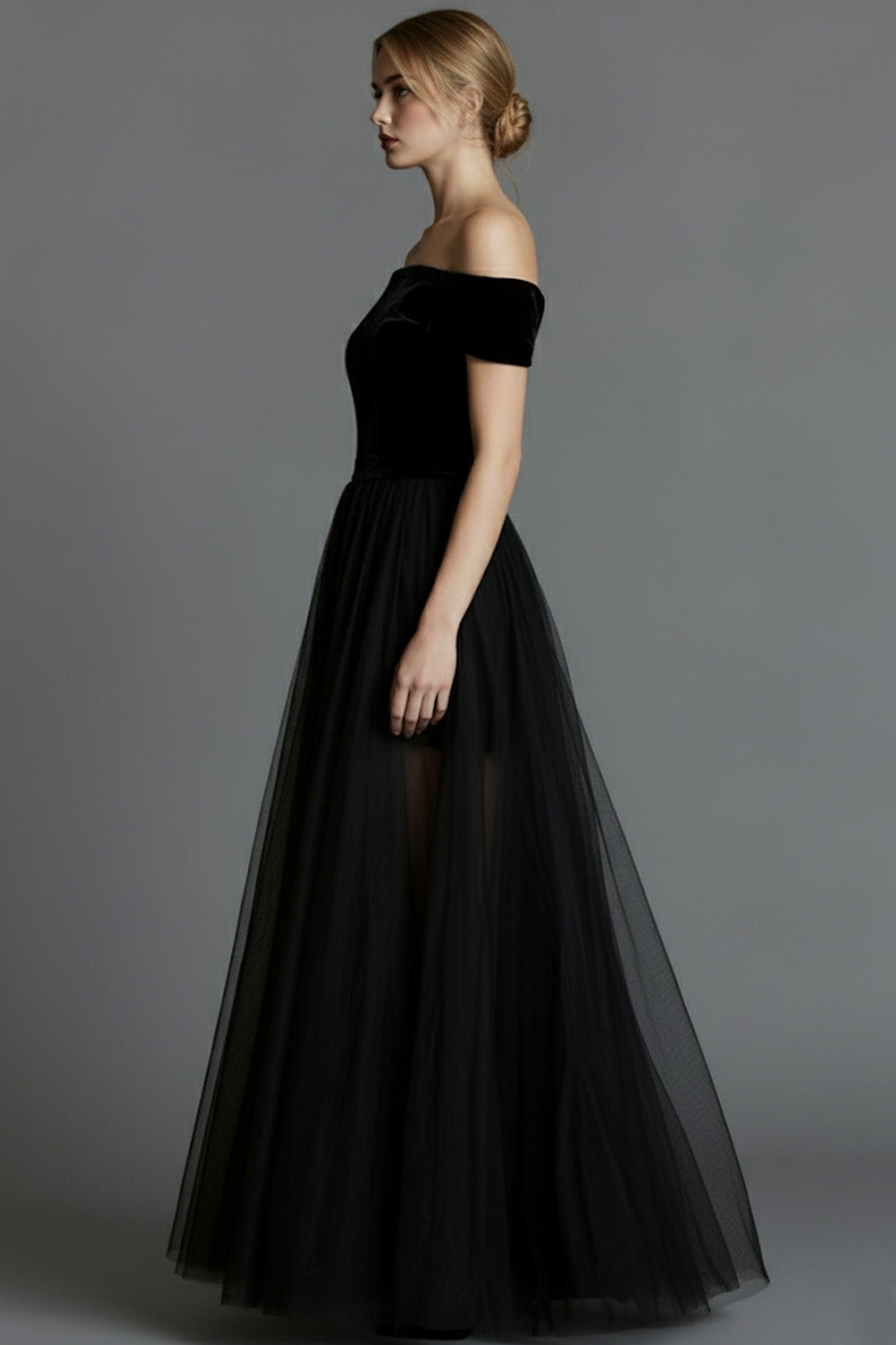 Black Velvet A Line Long Holiday Party Dress with Tulle