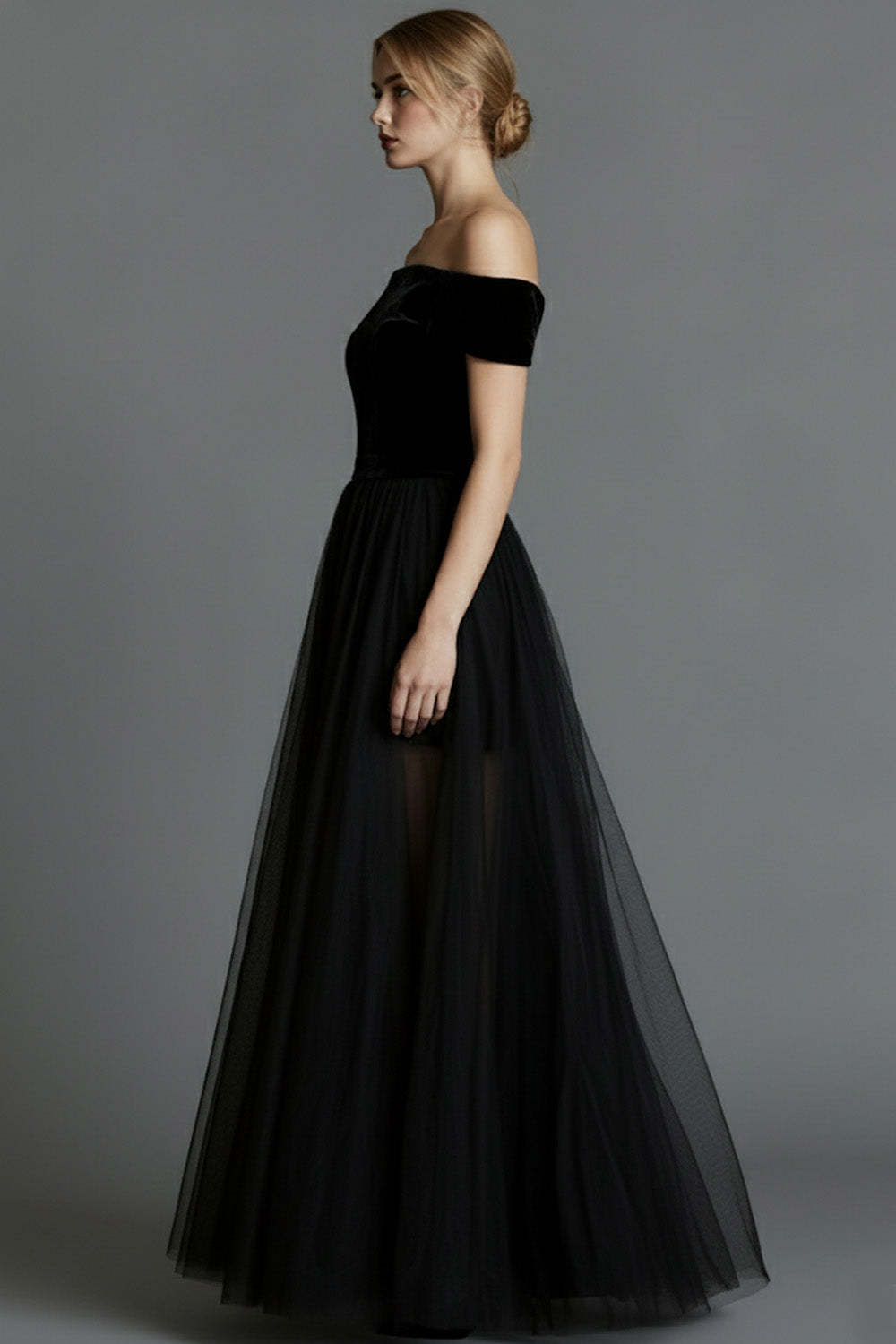 Black Velvet A Line Long Holiday Party Dress with Tulle