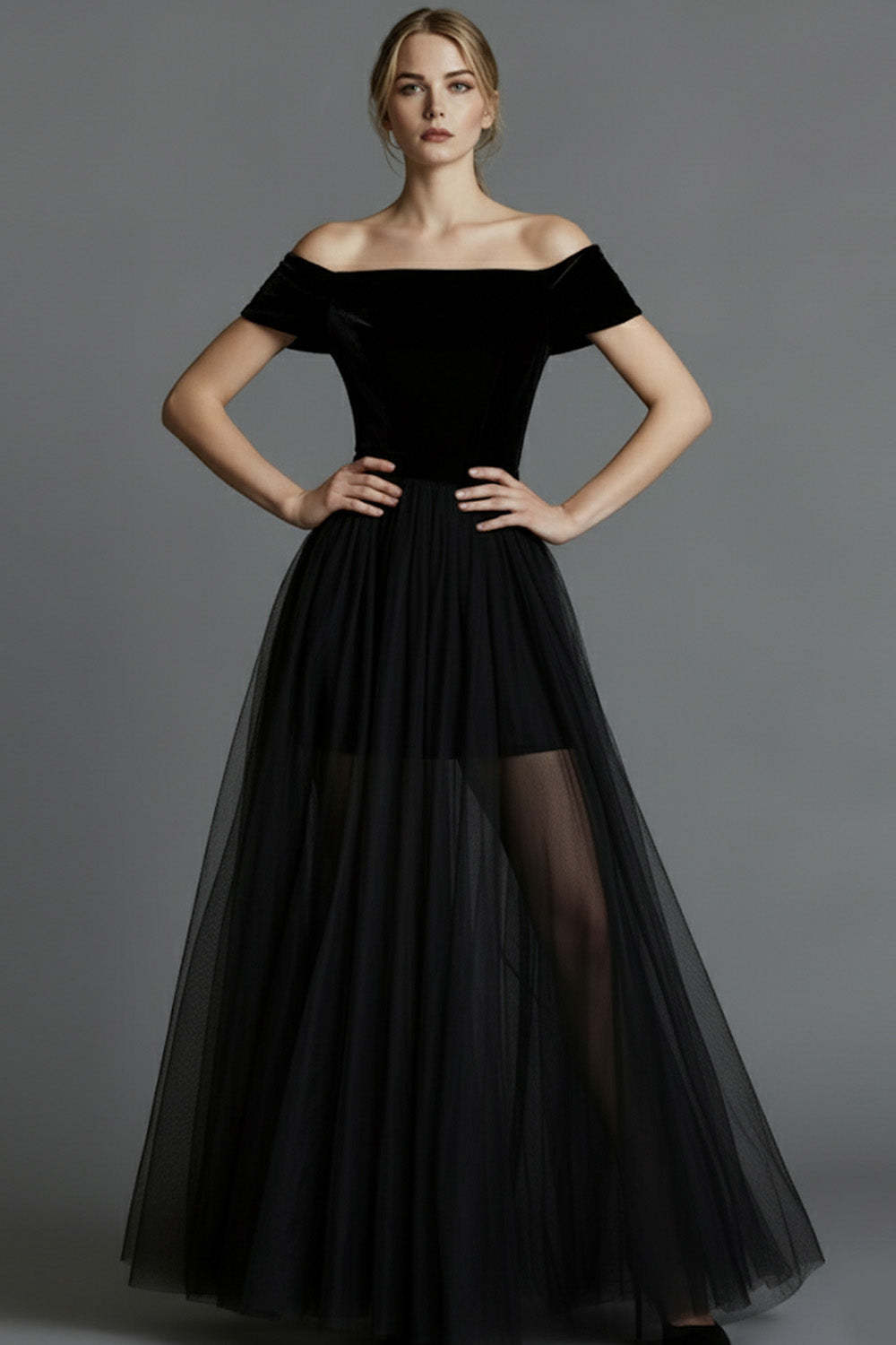 Black Velvet A Line Long Holiday Party Dress with Tulle