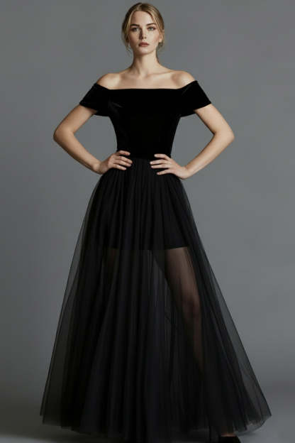 Black Velvet A Line Long Holiday Party Dress with Tulle