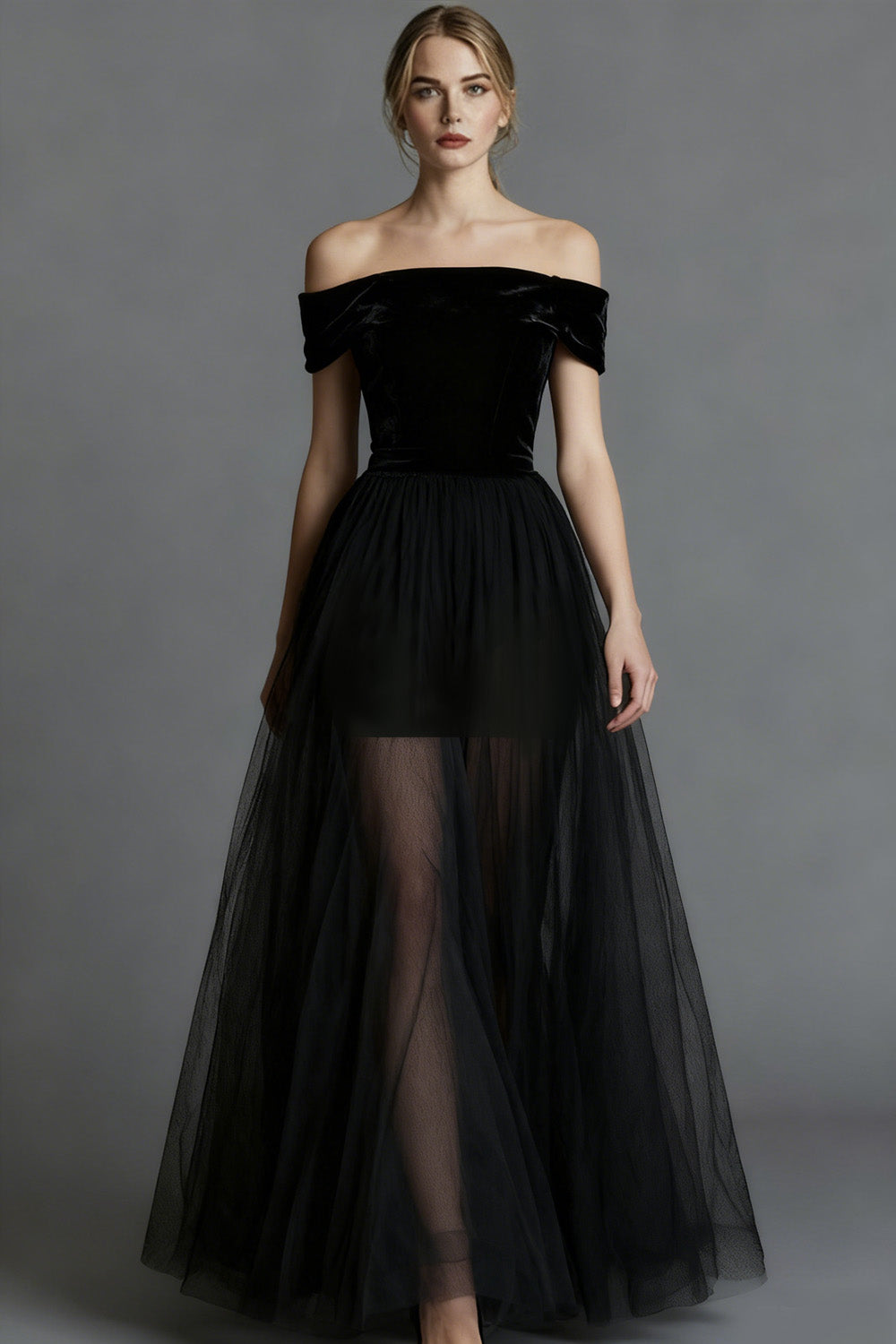 Black Velvet A Line Long Holiday Party Dress with Tulle