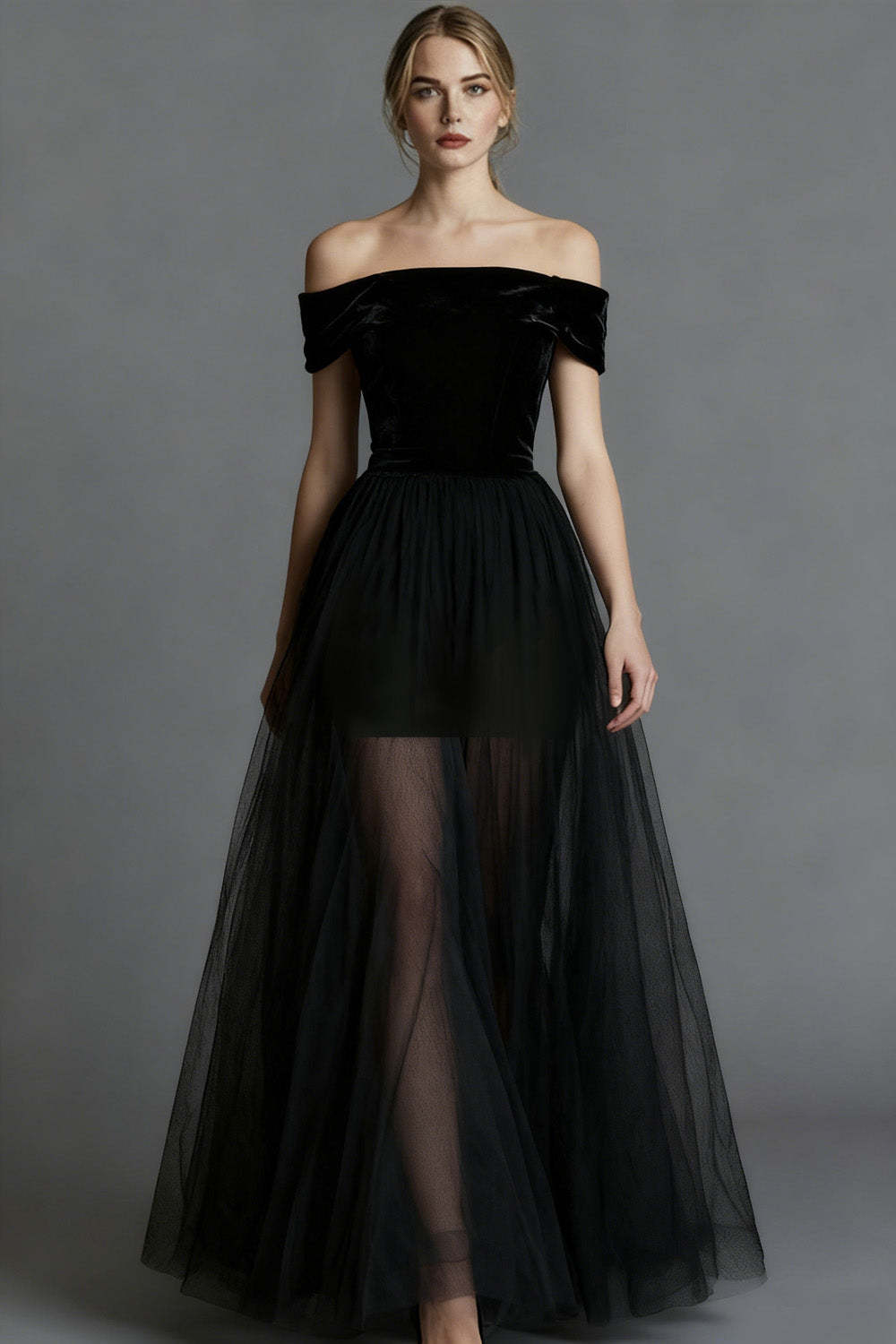 Black Velvet A Line Long Holiday Party Dress with Tulle