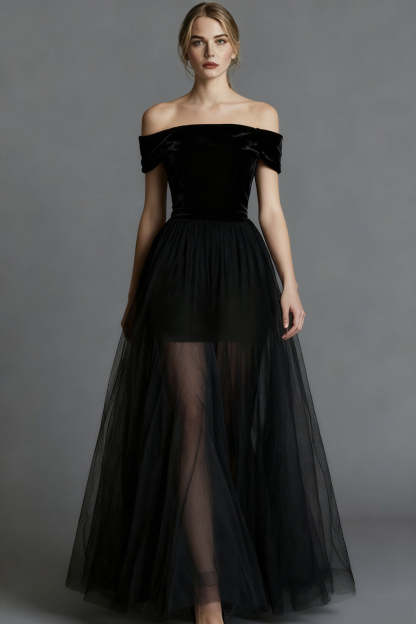 Black Velvet A Line Long Holiday Party Dress with Tulle
