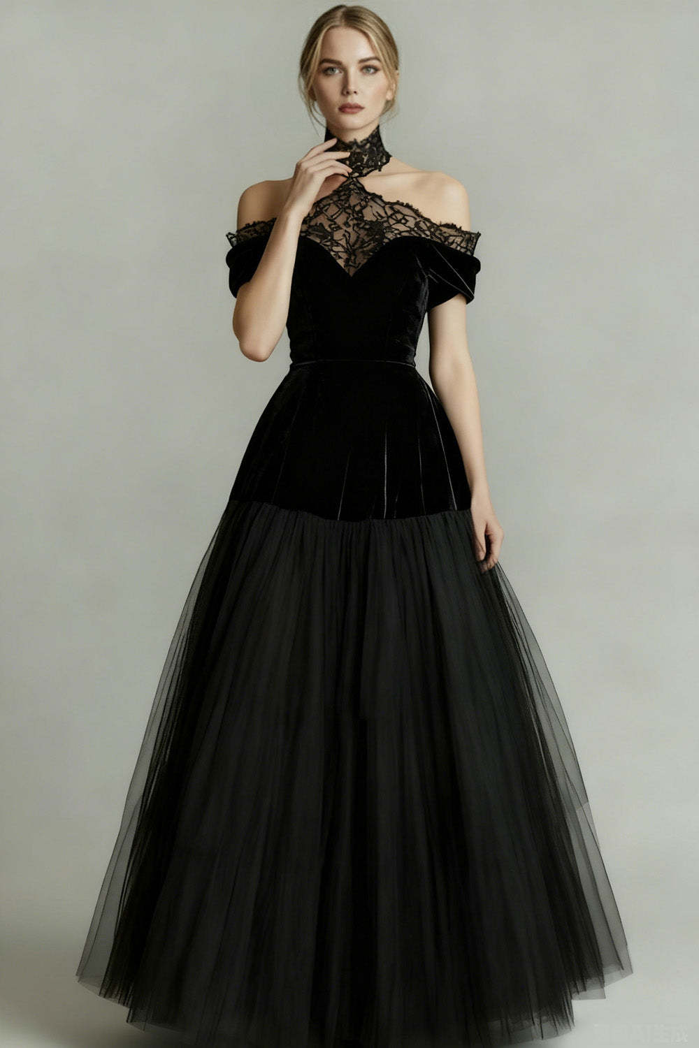 Leely Women Black Tulle Long Vintage Prom Dress with Lace A-Line Velvet Holiday Party Dress