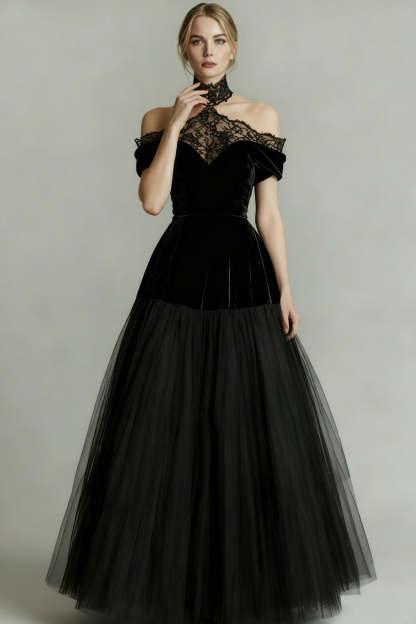 Leely Women Black Tulle Long Vintage Prom Dress with Lace A-Line Velvet Holiday Party Dress