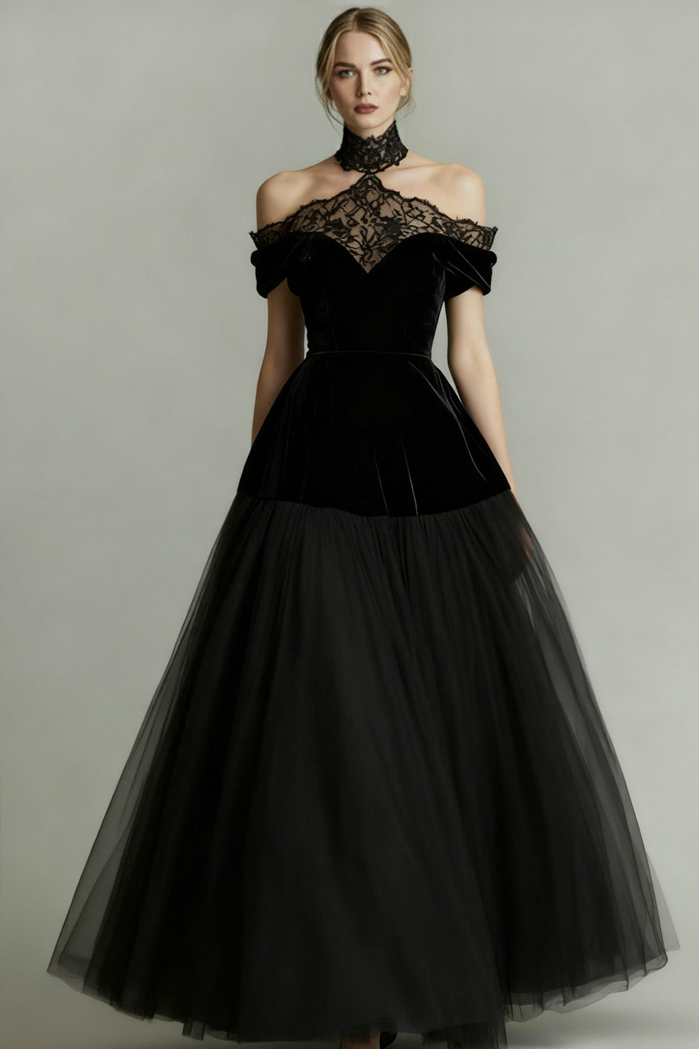 Black A-Line Tulle Long Prom Dress with Lace