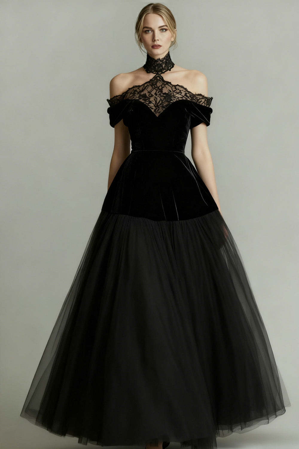 Black A-Line Tulle Long Prom Dress with Lace