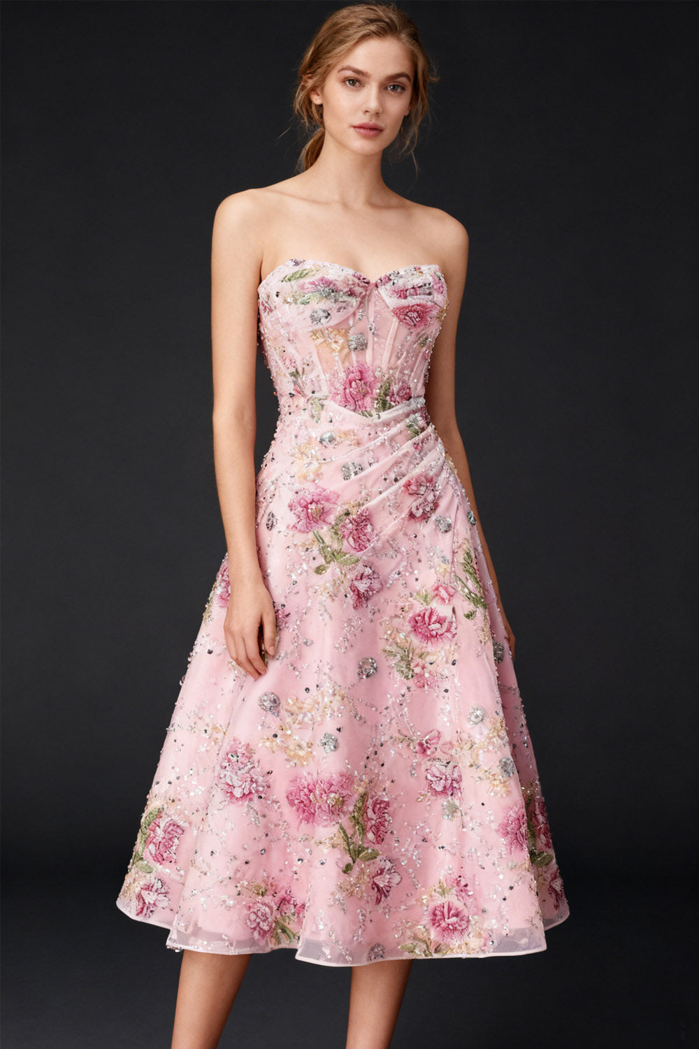 Sparkly Pink Corset Sweetheart Floral A Line Midi Cocktail Dress