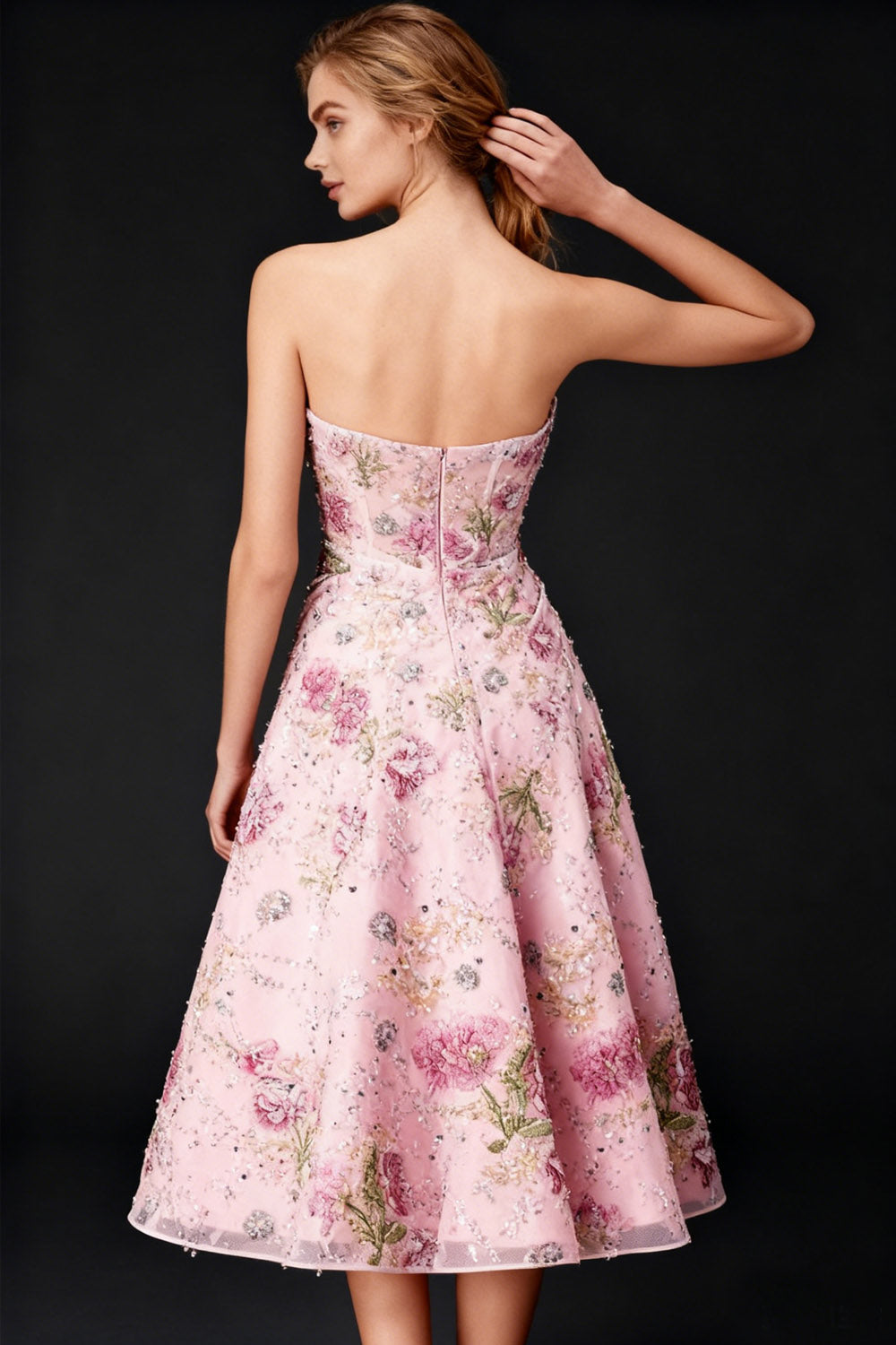 Sparkly Pink Corset Sweetheart Floral A Line Midi Cocktail Dress