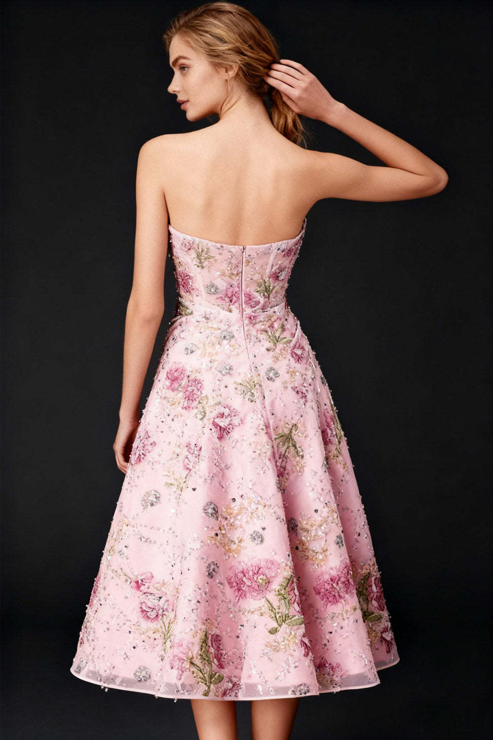 Sparkly Pink Corset Sweetheart Floral A Line Midi Cocktail Dress