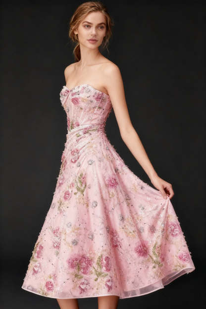 Sparkly Pink Corset Sweetheart Floral A Line Midi Cocktail Dress
