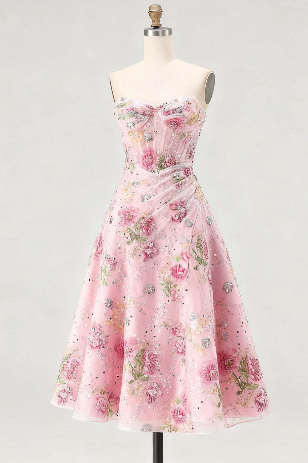 Sparkly Pink Corset Sweetheart Floral A Line Midi Cocktail Dress