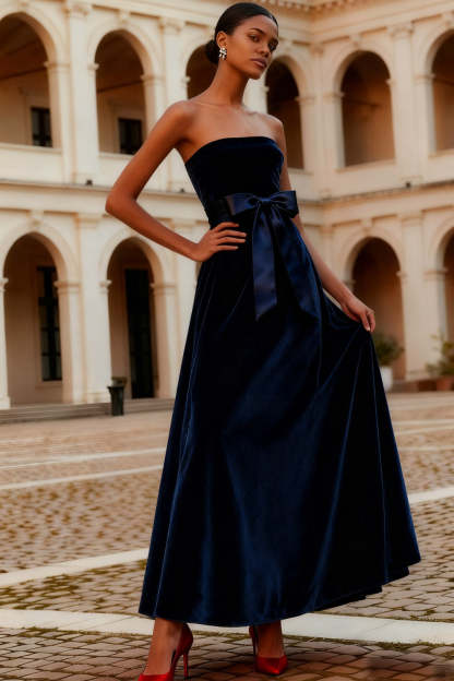 Navy A-Line Strapless Velvet Long Formal Dress with Bow