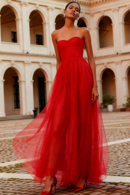 Leely Women Red Sweetheart Chiffon Long Prom Dress A-Line Backless Gala Dress