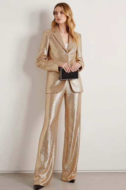 Sparkly Champagne 2 Piece Notched Lapel Long Sleeves Prom Suits
