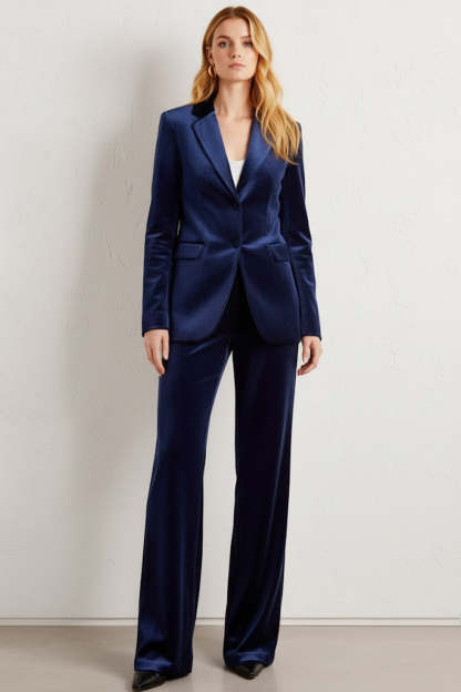 2 Piece Navy Velvet Notched Lapel Single Breasted Business Suits