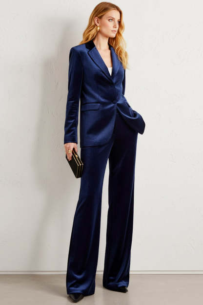 2 Piece Navy Velvet Notched Lapel Single Breasted Business Suits