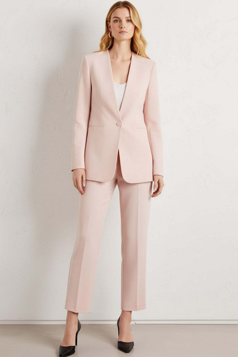 Leely Women 2 Piece Light Pink Business Suits Long Sleeves One Button Work Pantsuits
