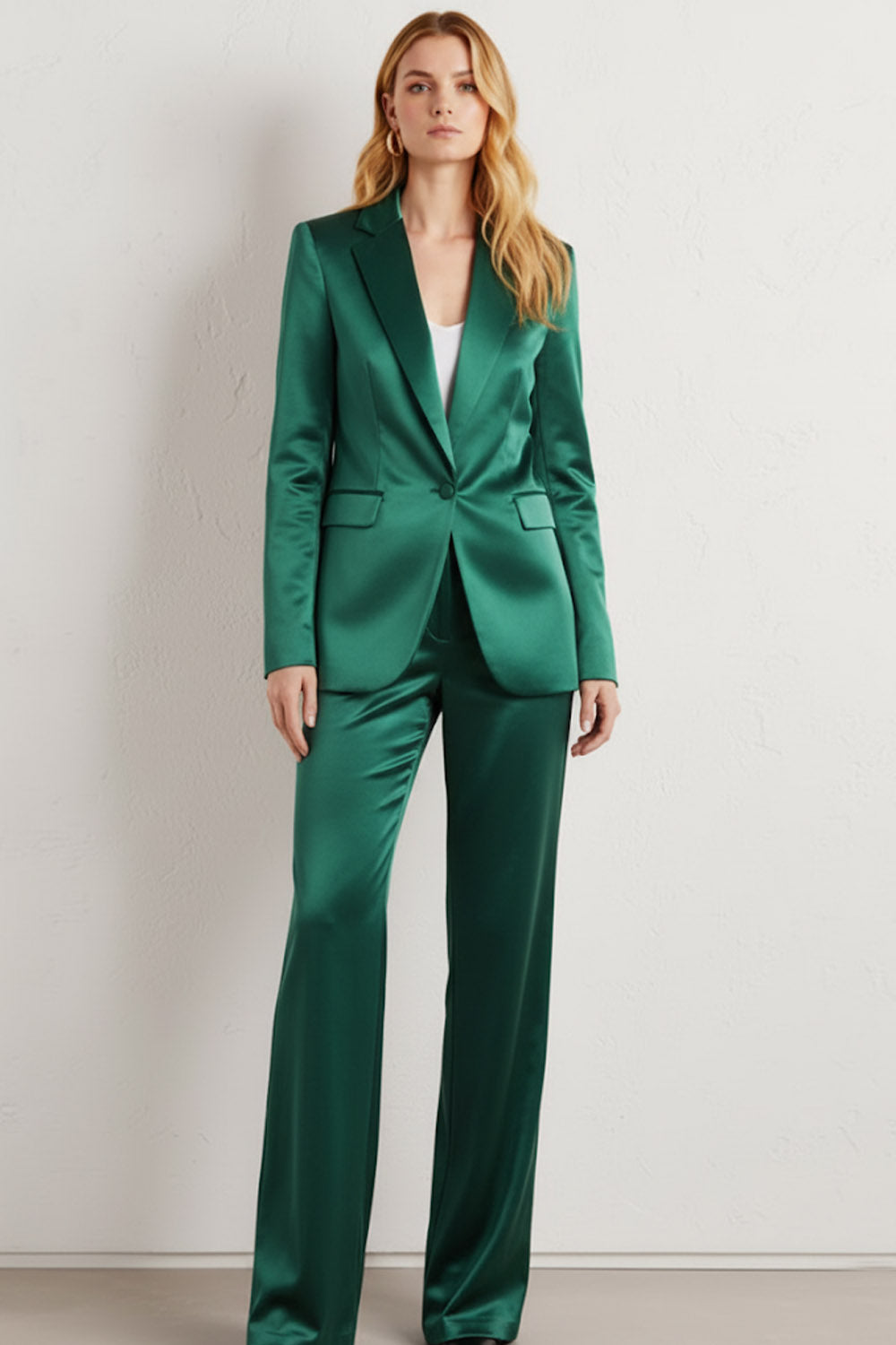 Leely Women 2 Piece Emerald Green Notched Lapel Business Suits Long Sleeves One Button Work Pantsuits