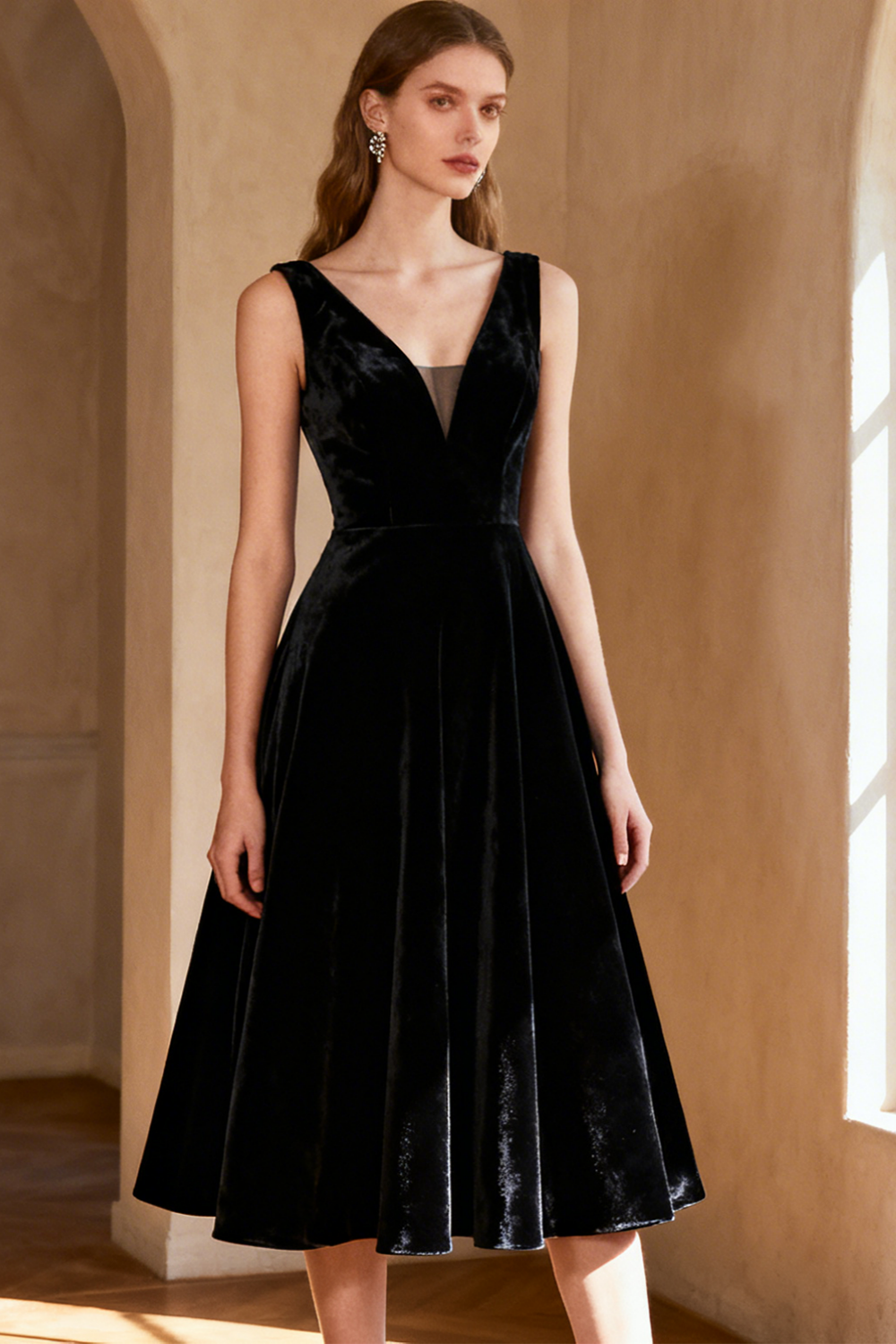 Leely Women Black V-Neck Velvet Midi Cocktail Dress A-Line Backless Little Black Dress