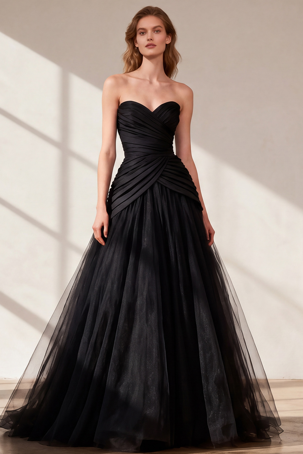 Black Strapless Ruched Tulle Ball Gown Long Prom Dress