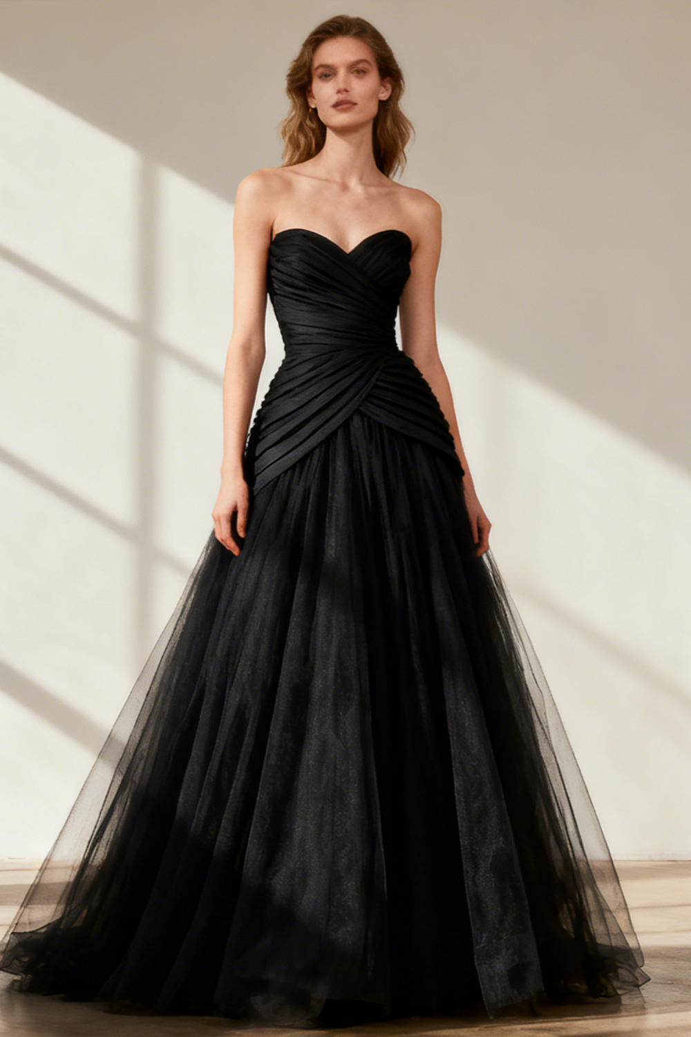 Black Sweetheart Ruched Tulle Ball Gown Prom Dress