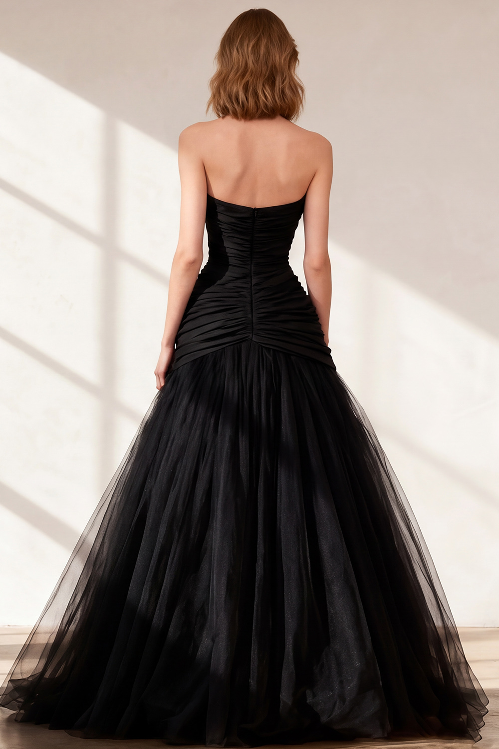 Black Strapless Ruched Tulle Ball Gown Long Prom Dress