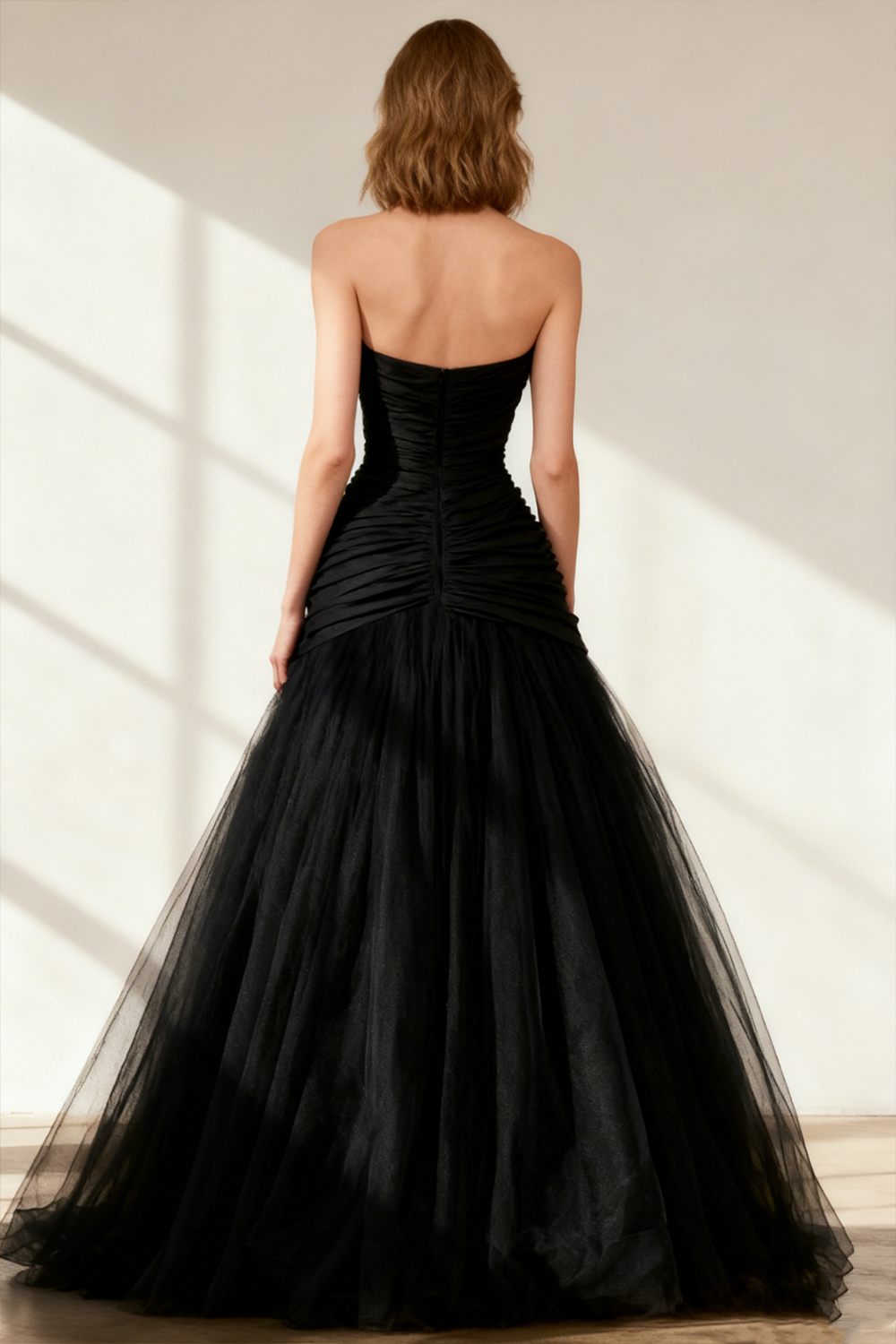 Black Sweetheart Ruched Tulle Ball Gown Prom Dress