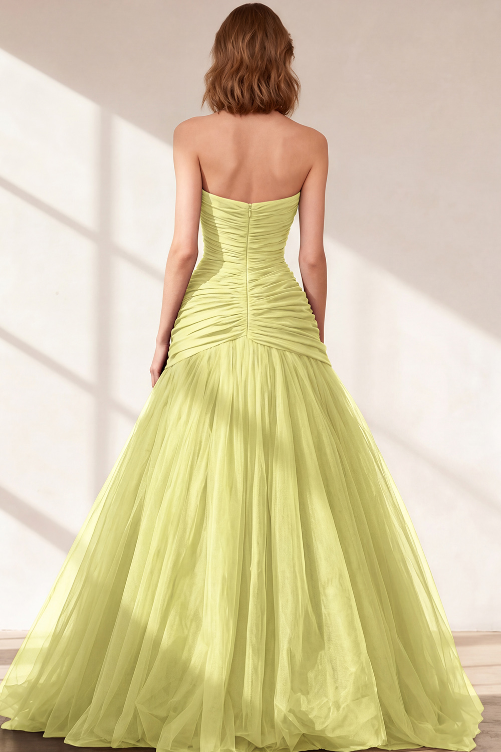 Black Strapless Ruched Tulle Ball Gown Long Prom Dress