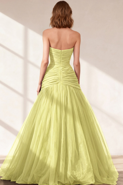 Black Strapless Ruched Tulle Ball Gown Long Prom Dress