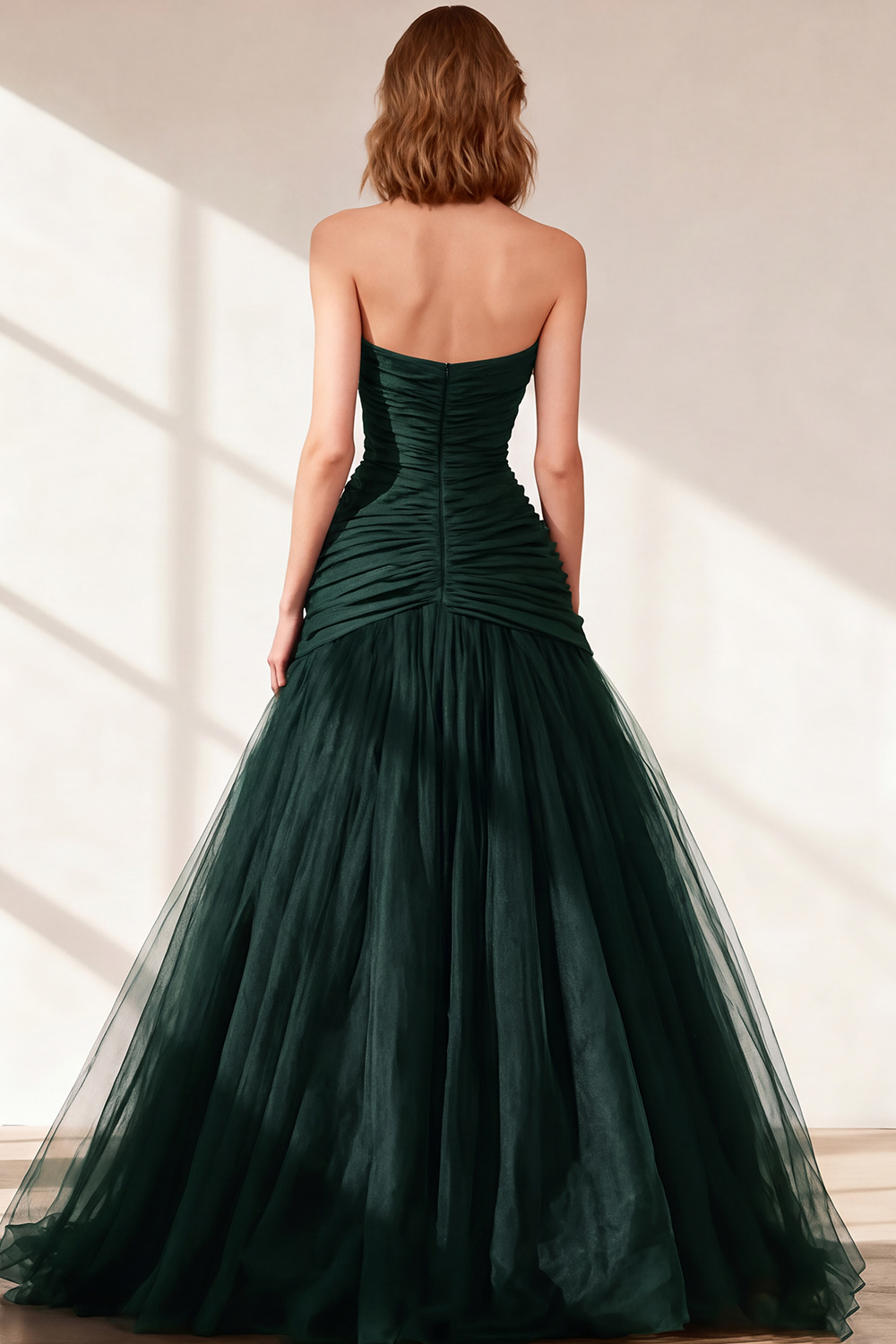 Black Strapless Ruched Tulle Ball Gown Long Prom Dress