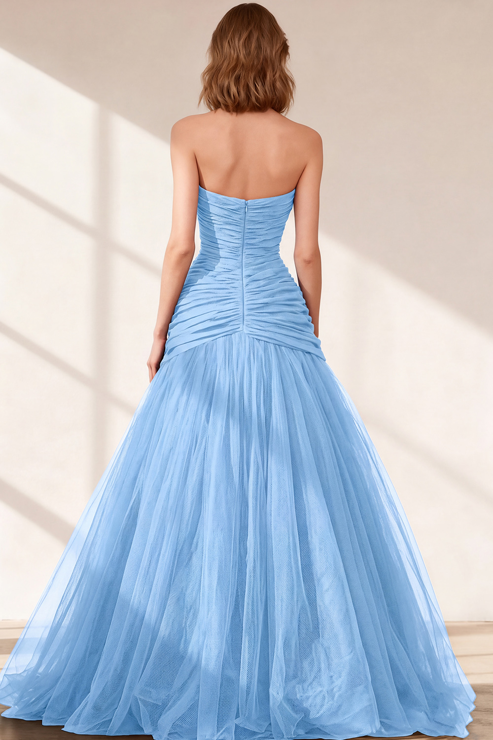 Black Strapless Ruched Tulle Ball Gown Long Prom Dress